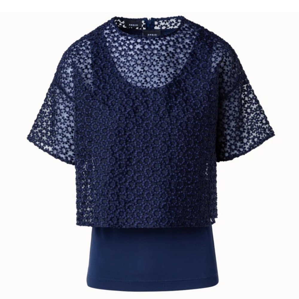 Akris- Navy St Gallen Flower Embroidery Shortsleeve Organza Shirt